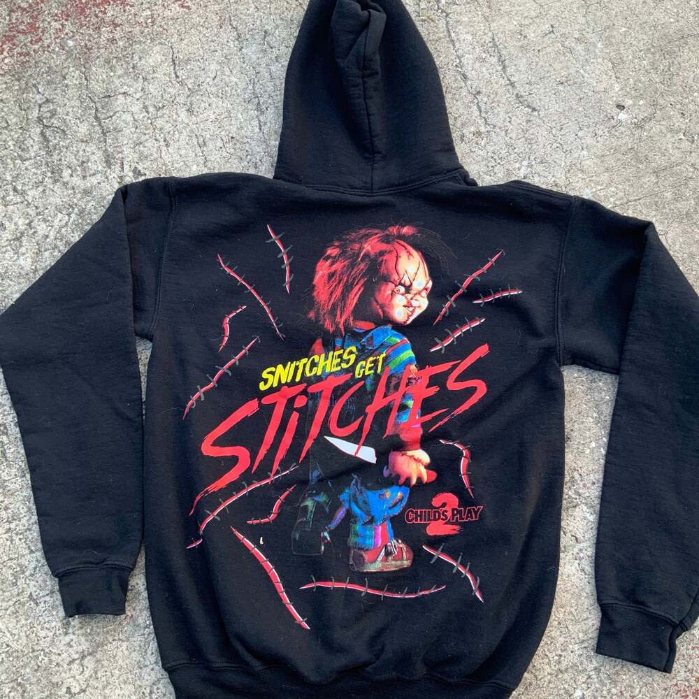 Chucky Snitches Get Stitches Child's Play 2 Black horror nightsGraphic Hoodie